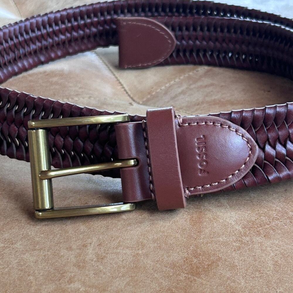 Fossil Maddox Genuine Leather Woven Belt Brown Solid Brass Buckle Western 38
